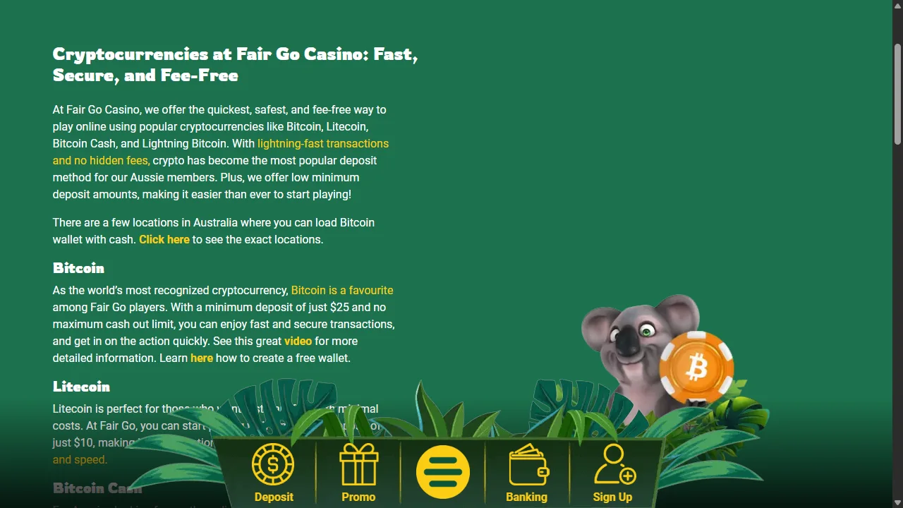 Fair Go Casino crypto currency page listing Bitcoin, Litecoin, Bitcoin Cash and Lightning Bitcoin, with a A$25 minimum Bitcoin deposit, screenshot 29 October 2026