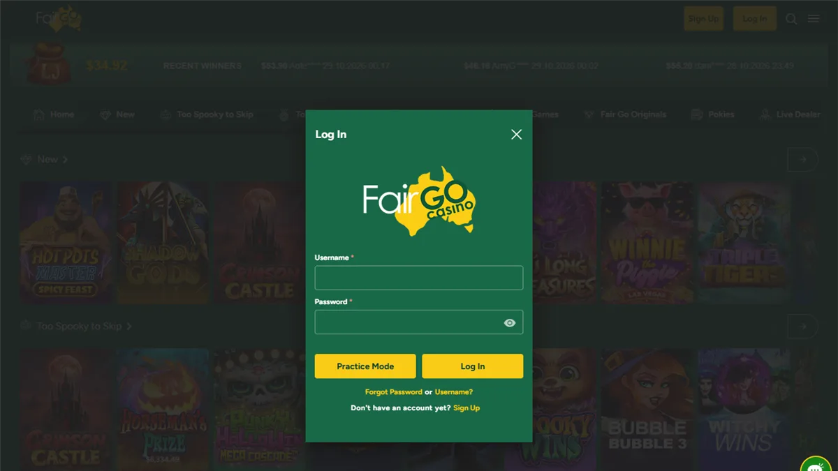 Fair Go Casino Log In window with Username and Password fields, Practice Mode and Log In buttons and the Forgot Password or Username link, viewed from Australia on 29 October 2026