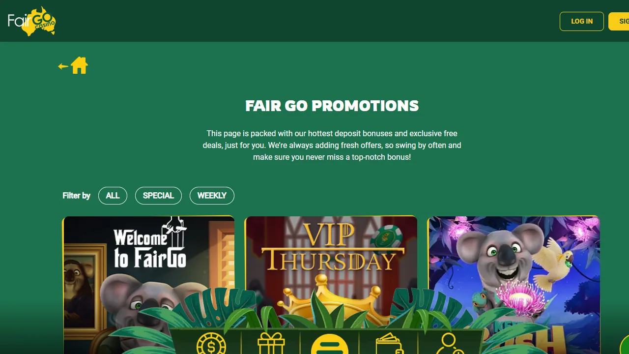 Fair Go Casino promotions page with welcome and VIP Thursday offers, screenshot October 2026
