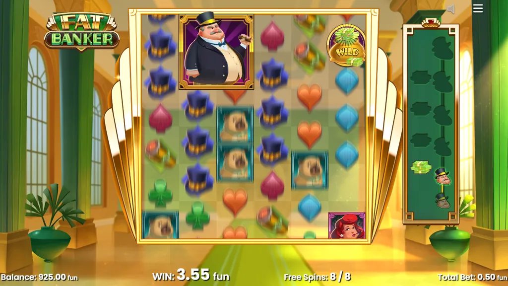 Fat Banker grown to a 2x2 wild in free spins with progress meter
