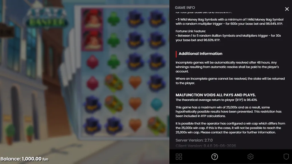 Fat Banker game rules showing 96.43% RTP and 25,000x win cap