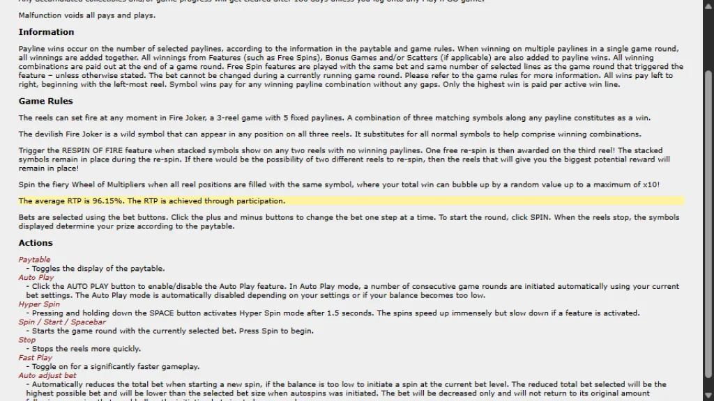 Fire Joker game rules showing the 96.15% average RTP