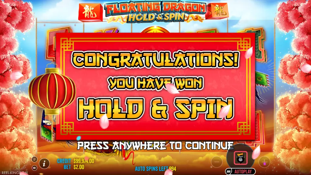 Floating Dragon Hold and Spin bonus awarded screen