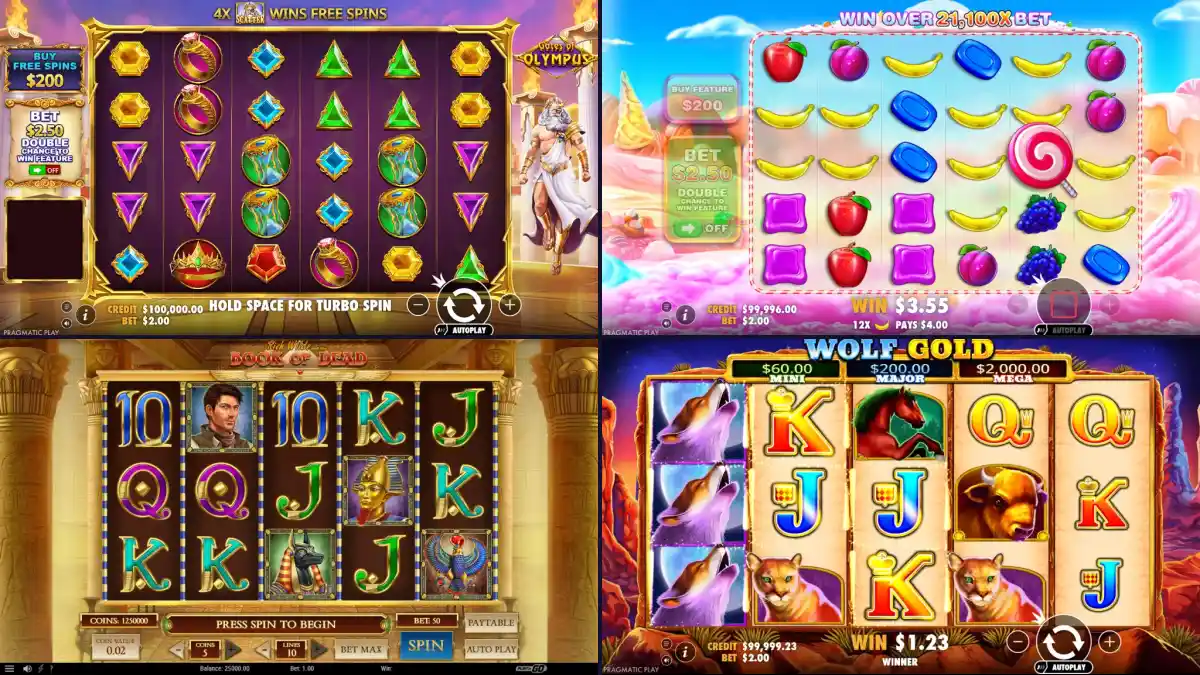 Four free pokie demos from our reviews in a 2x2 grid: Gates of Olympus, Sweet Bonanza, Book of Dead and Wolf Gold base game screens