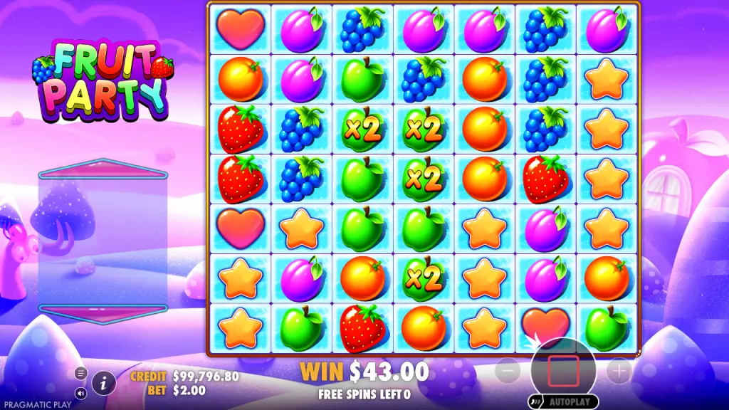 Fruit Party apple block with four 2x multiplier symbols