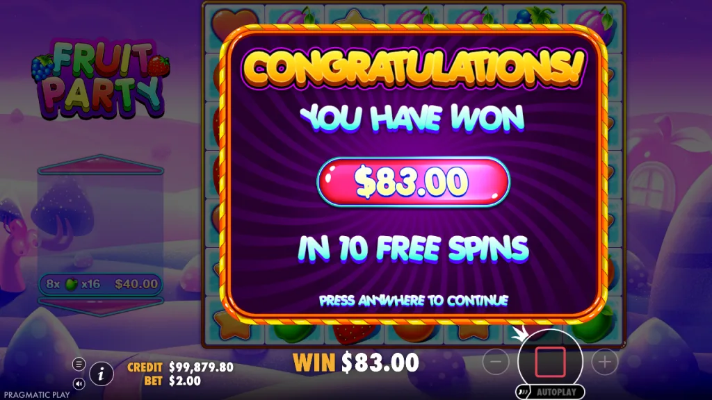 Fruit Party free spins total win screen