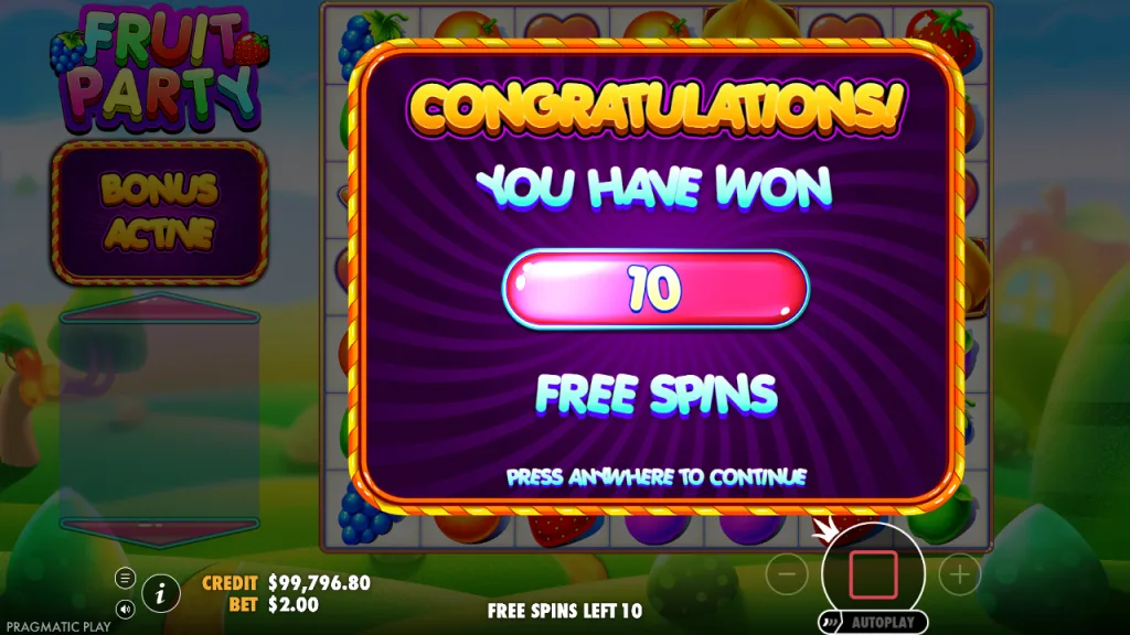 Fruit Party 10 free spins awarded screen