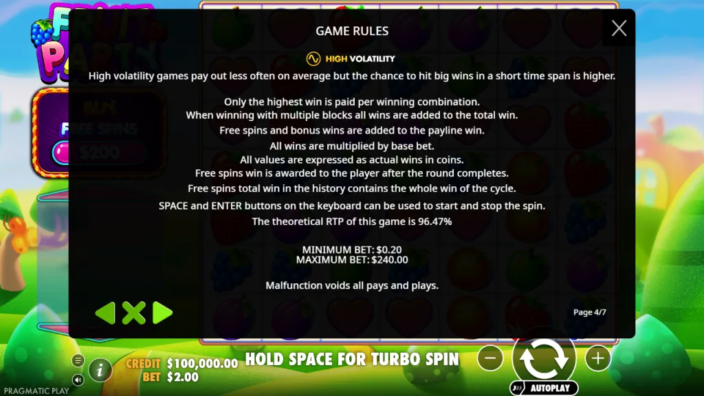 Fruit Party game rules with 96.47% RTP, high volatility and bet limits