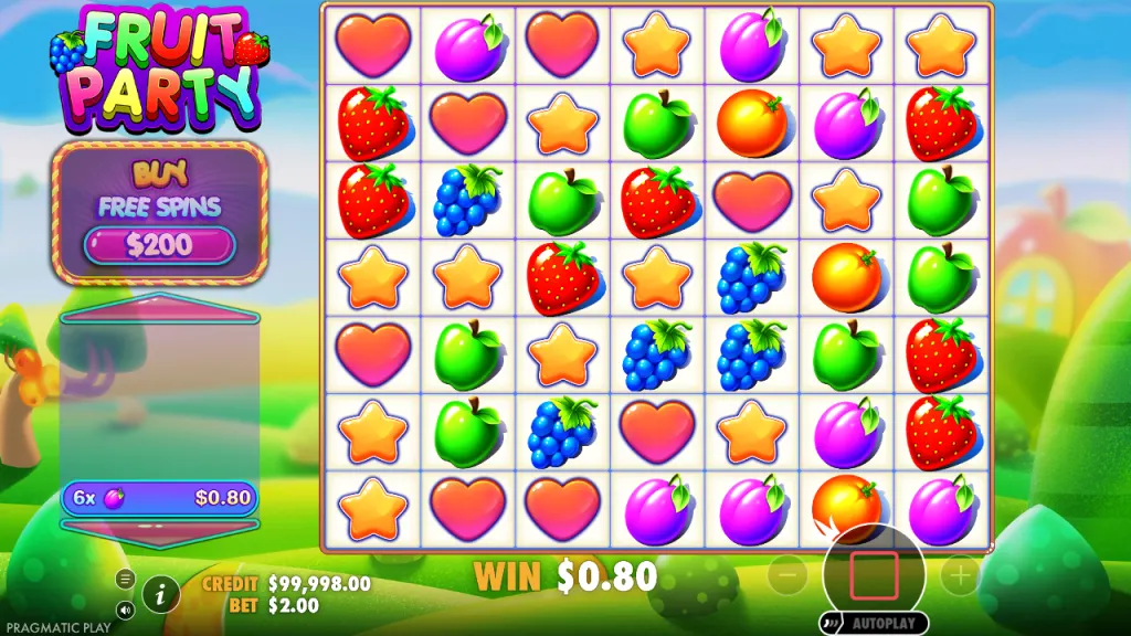 Fruit Party 7x7 cluster pays grid