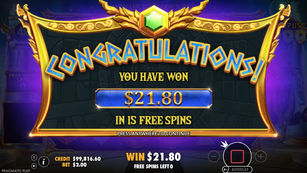 Gates of Olympus 1000 free spins total win screen