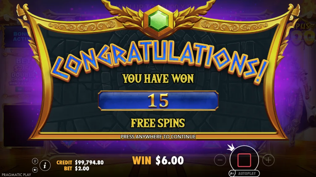 Gates of Olympus 1000 15 free spins awarded screen