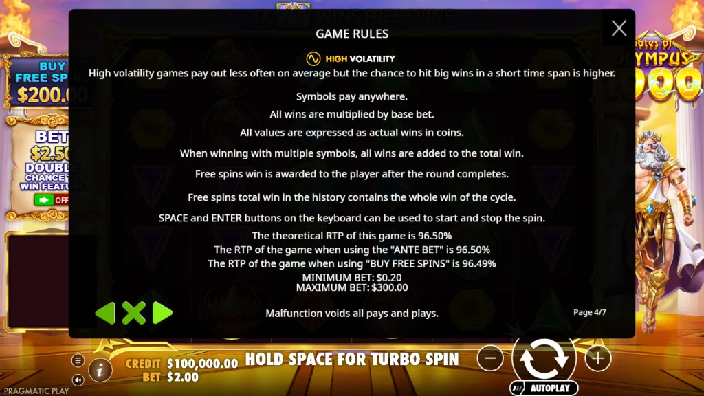 Gates of Olympus 1000 game rules with 96.50% RTP, high volatility and bet limits