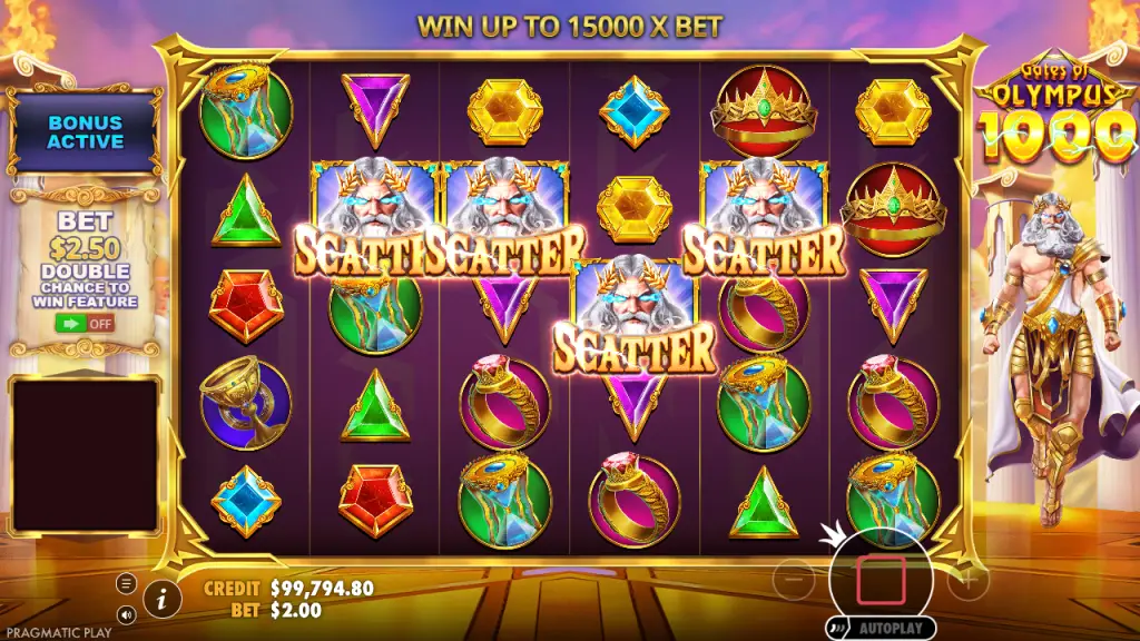 Gates of Olympus 1000 four Zeus scatters triggering free spins