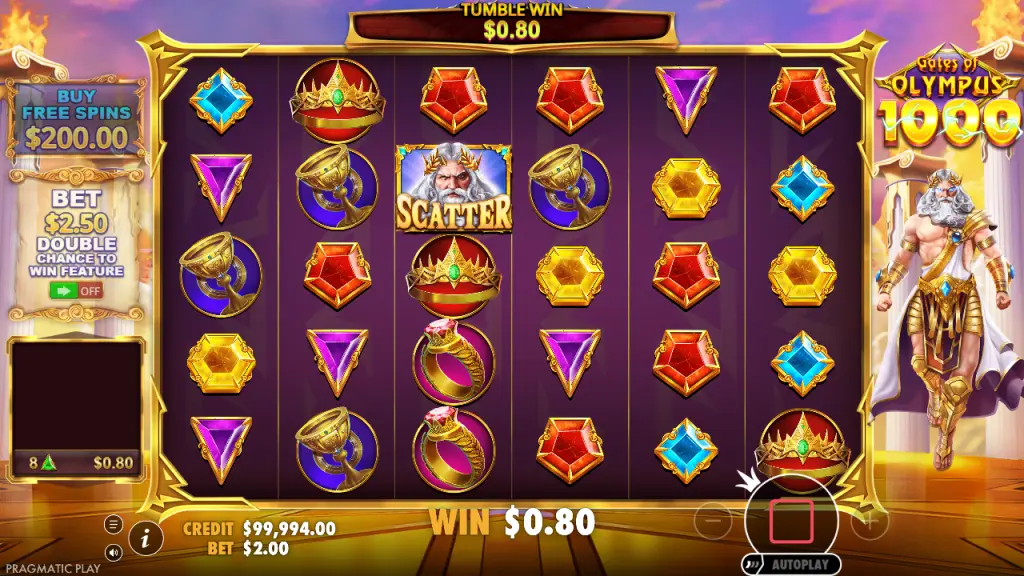 Gates of Olympus 1000 6x5 grid with a tumble win
