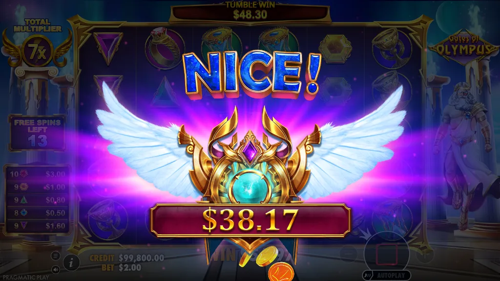 Gates of Olympus free spins win screen