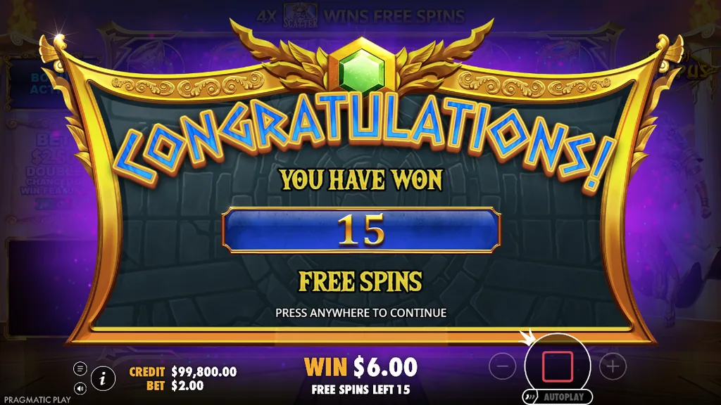 Gates of Olympus 15 free spins awarded screen