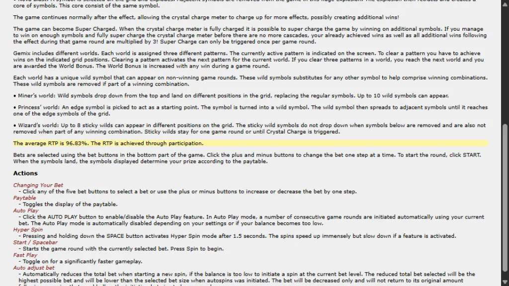 Gemix game rules showing the 96.83% average RTP