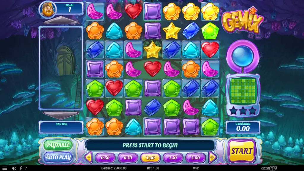 Gemix 7x7 grid base game with crystal charge meter and world pattern