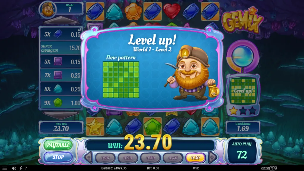 Gemix world pattern cleared with level up screen
