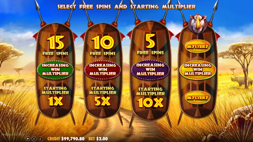 Great Rhino Megaways select free spins and starting multiplier screen