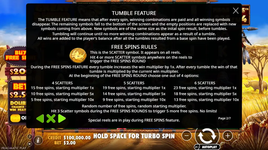 Great Rhino Megaways tumble feature and free spins options