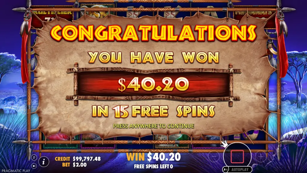 Great Rhino Megaways free spins total win screen