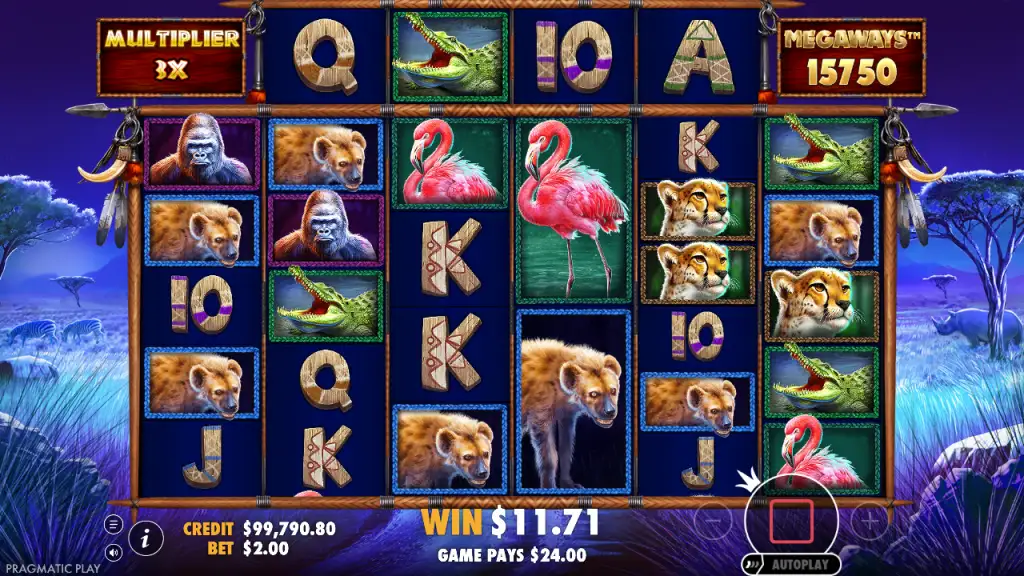 Great Rhino Megaways free spins hyena win with 3x multiplier