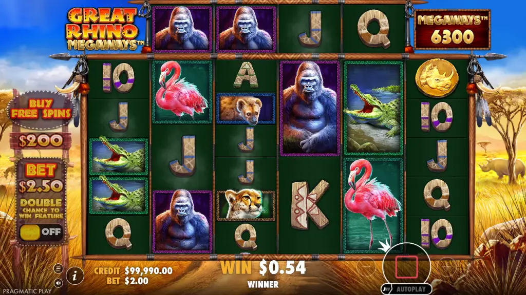 Great Rhino Megaways base game win on the Megaways reels