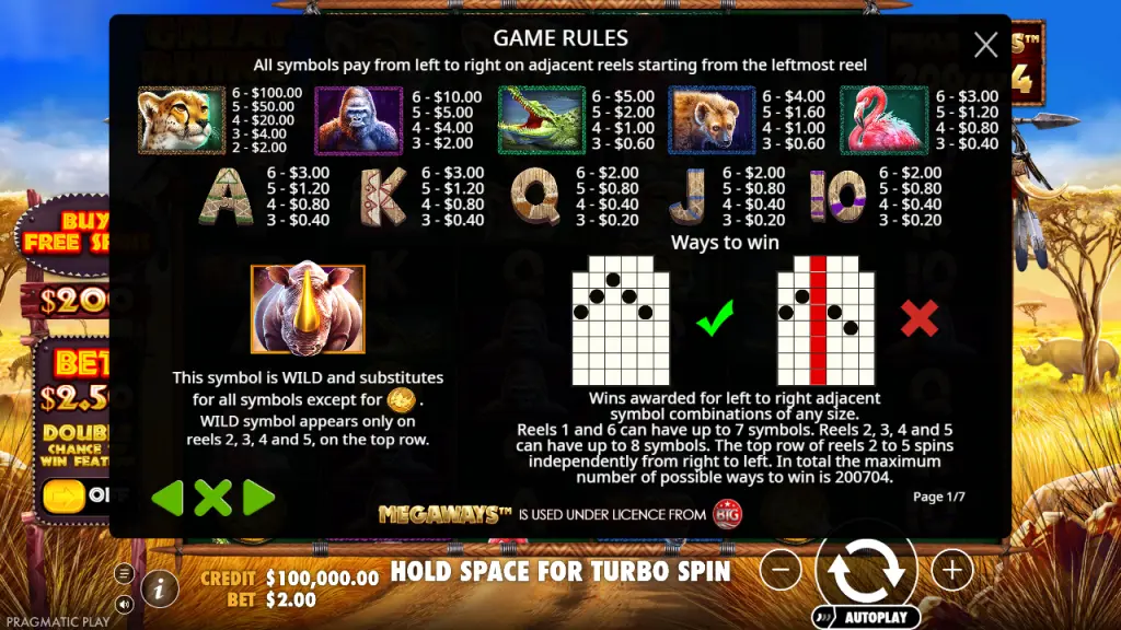 Great Rhino Megaways paytable and rhino wild rules