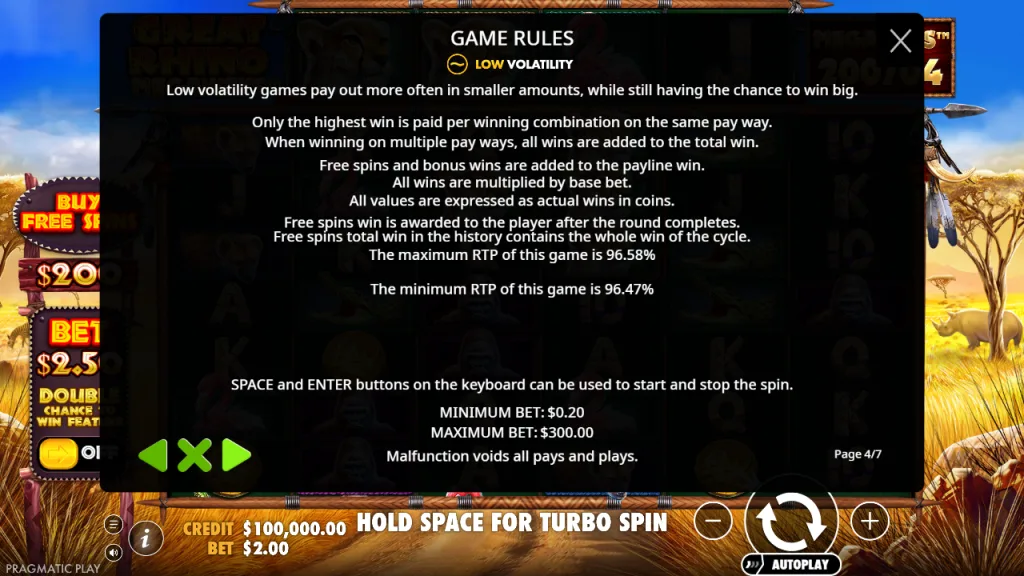 Great Rhino Megaways game rules with 96.58% maximum RTP and low volatility