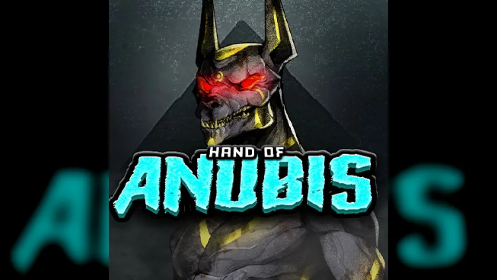 Hand of Anubis official promo tile by Hacksaw Gaming: the Anubis warrior with glowing red eyes behind the Hand of Anubis logo