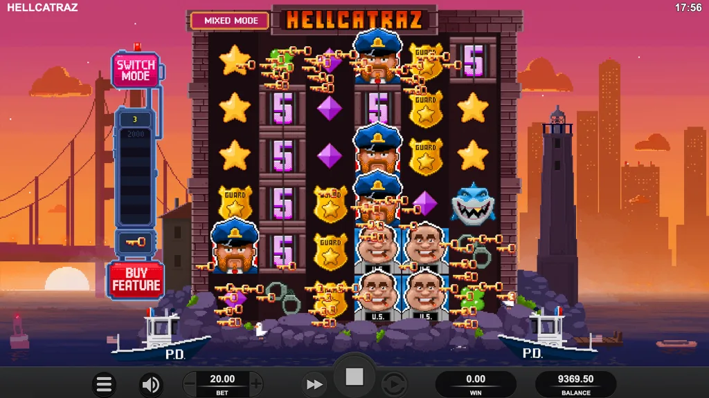 Hellcatraz official screenshot by Relax Gaming showing the 6x6 grid in Mixed Mode with the key meter