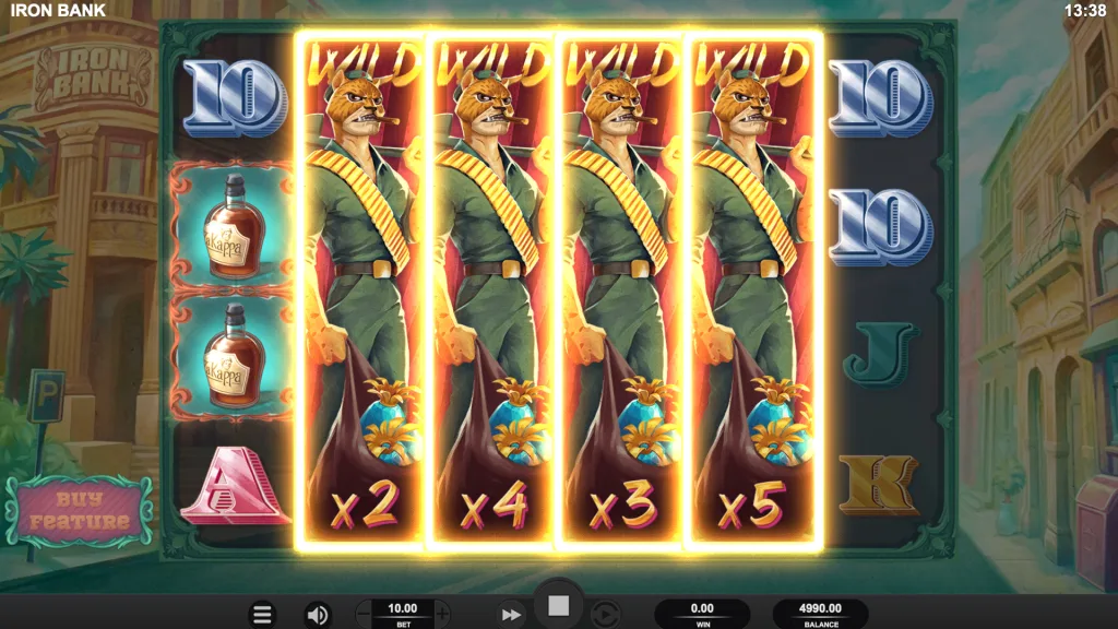 Iron Bank official screenshot by Relax Gaming showing four Jaguar wild reels with x2 to x5 multipliers