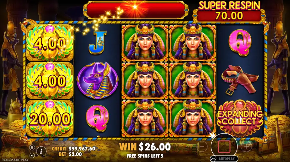 John Hunter Scarab Queen expanding collect symbol on reel 5 in free spins