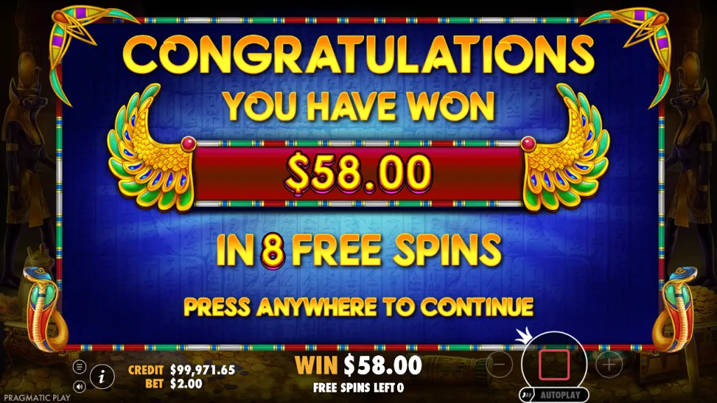 John Hunter and the Tomb of the Scarab Queen 8 free spins total win screen