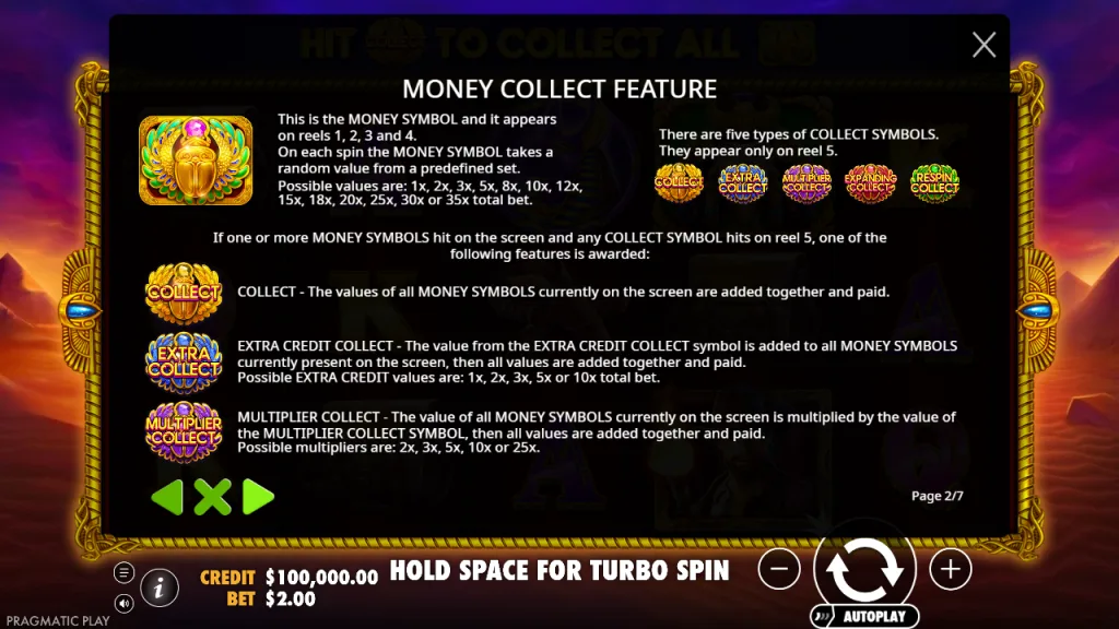 John Hunter Scarab Queen money collect feature rules and collect symbol types