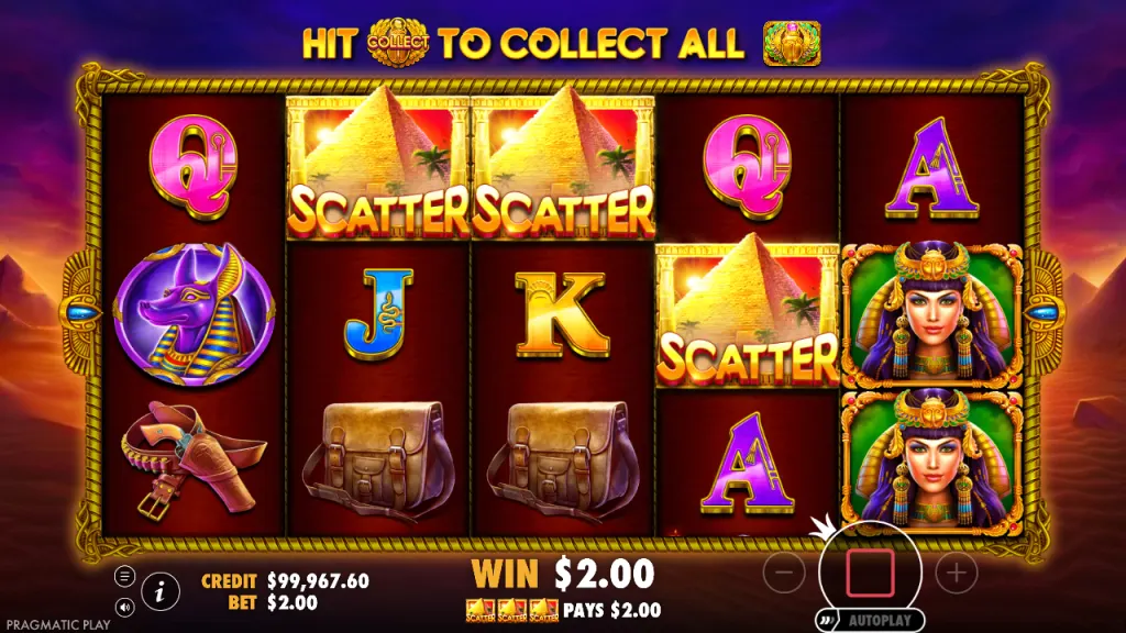 John Hunter Scarab Queen three pyramid scatters on reels 2, 3 and 4
