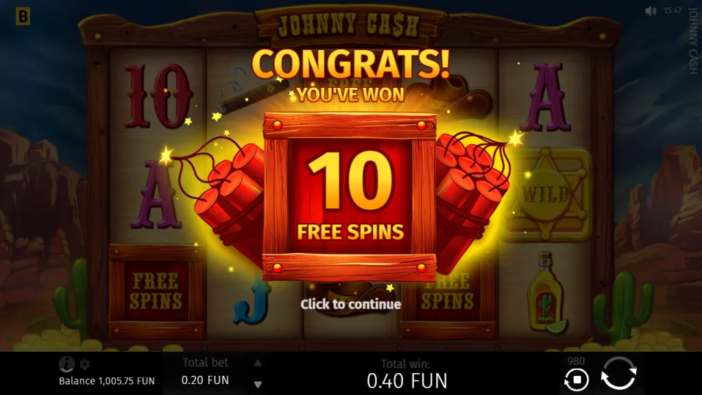 Johnny Cash 10 free spins triggered by dynamite scatters