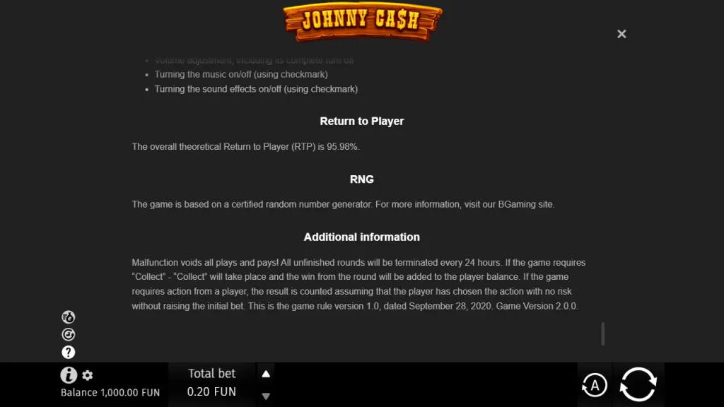 Johnny Cash game rules showing 95.98% RTP