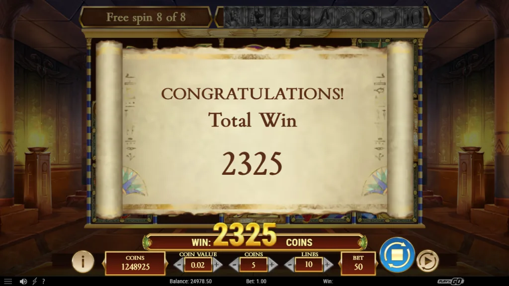 Legacy of Dead free spins total win screen