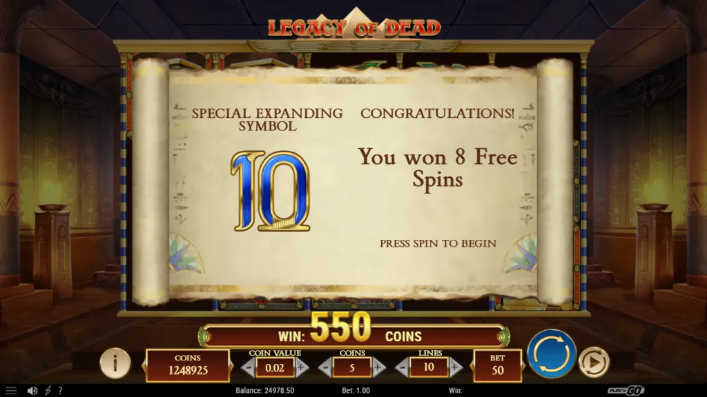 Legacy of Dead 8 free spins awarded with 10 as special expanding symbol