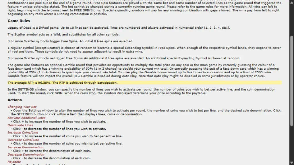 Legacy of Dead game rules showing the 96.58% average RTP