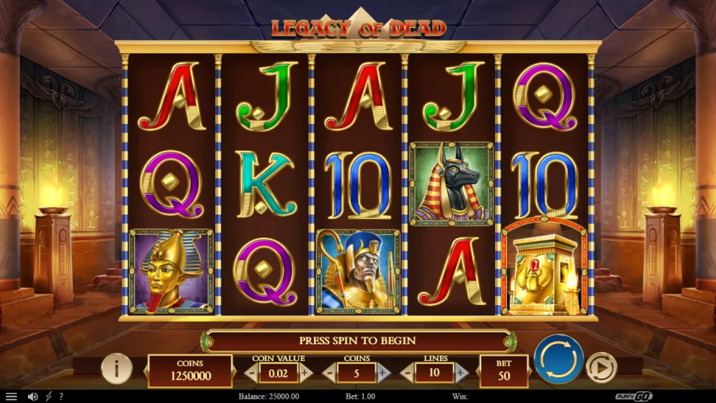 Legacy of Dead base game 5x3 reels with 10 paylines