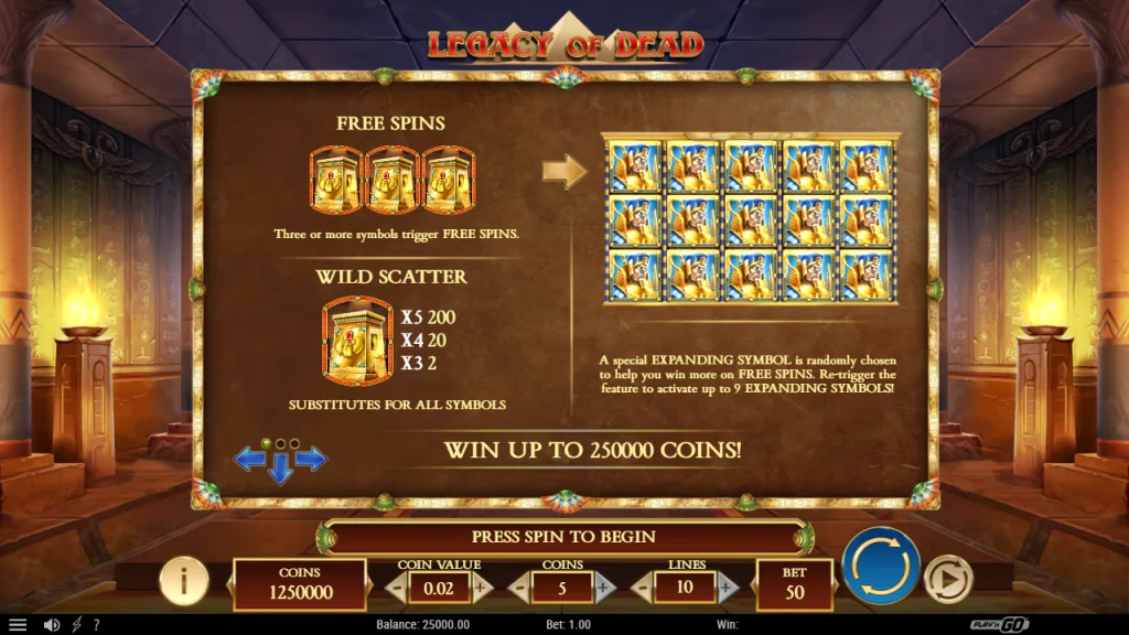 Legacy of Dead Tomb wild scatter payouts and expanding symbol rules