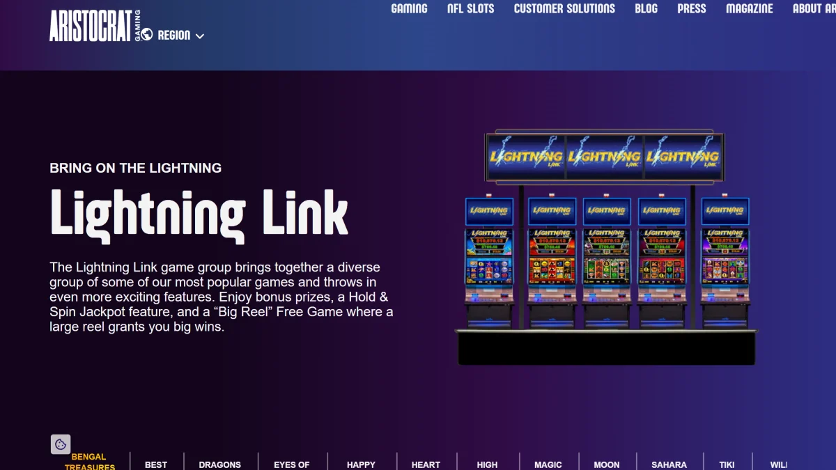 Aristocrat Gaming's Lightning Link page in October 2026 showing a bank of five Lightning Link machines under a shared sign and the series description