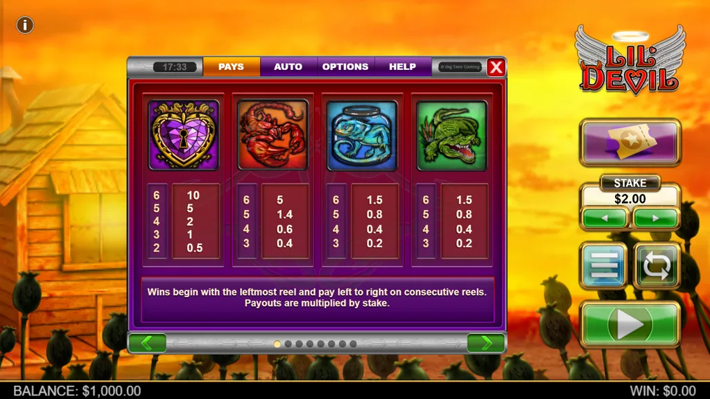 Lil Devil paytable with the purple heart top symbol