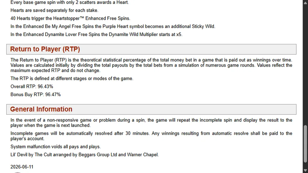 Lil Devil game rules showing 96.43% RTP