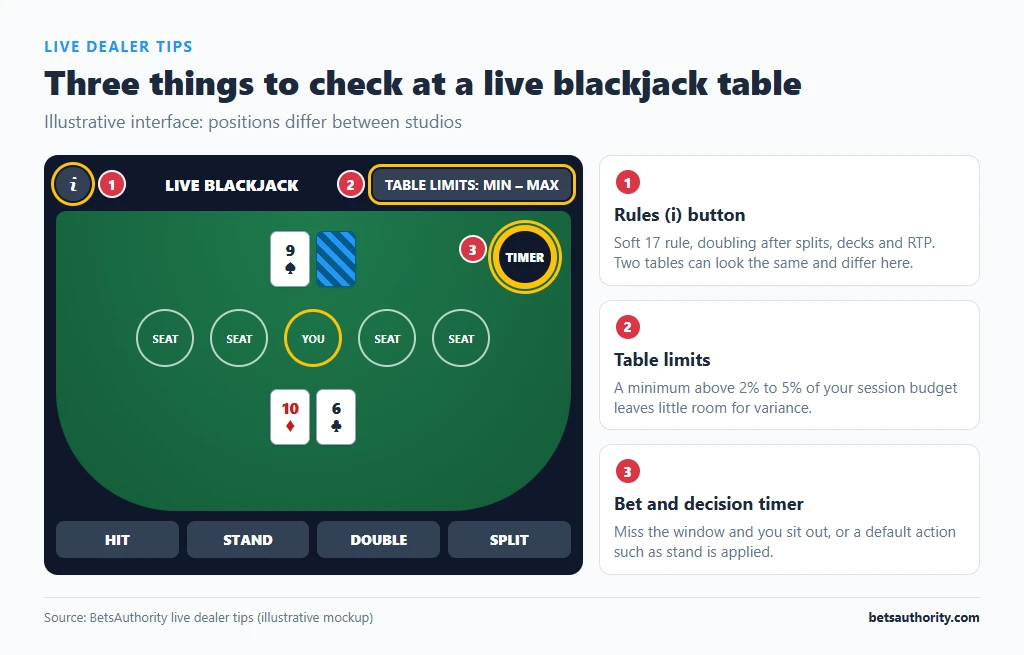 Mockup of a live blackjack table with the rules (i) button, table limits and bet timer highlighted