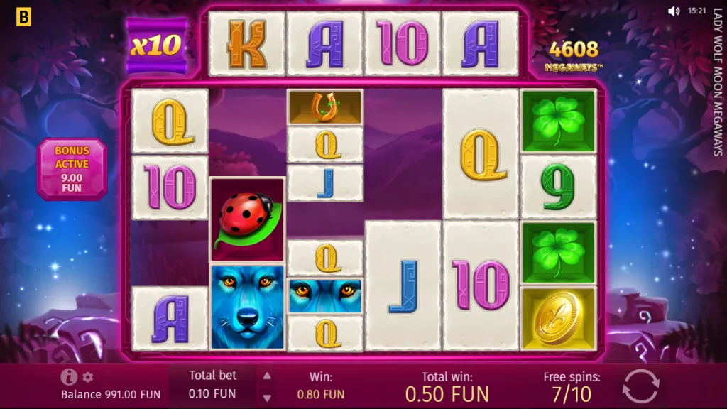 Lucky Lady Moon Megaways refilling reels during free spins with x10 multiplier