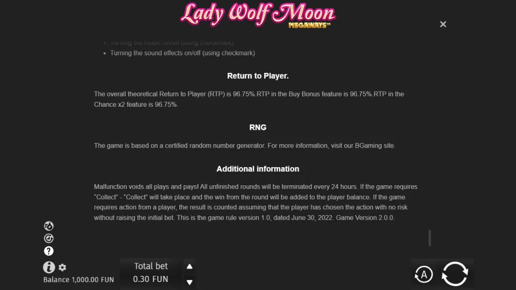 Lucky Lady Moon Megaways rules showing 96.75% RTP including Buy Bonus and Chance x2